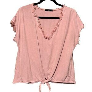 MAVEN WEST Pink Frayed Raw Edge V-Neckline Short Sleeve Tie Waist Blouse Medium